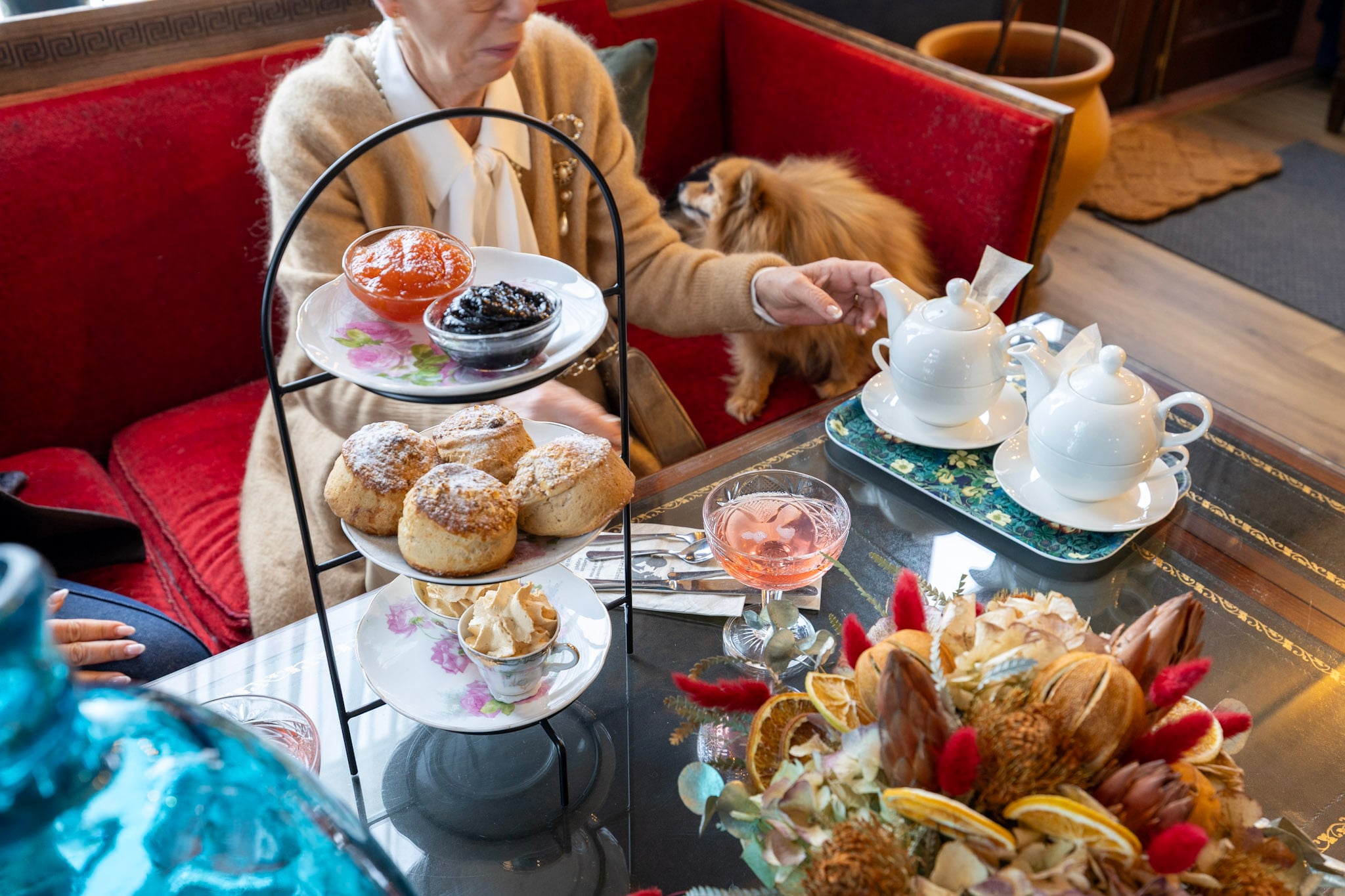 Handmade savouries, scones and cakes on an Afternoon Tea stand