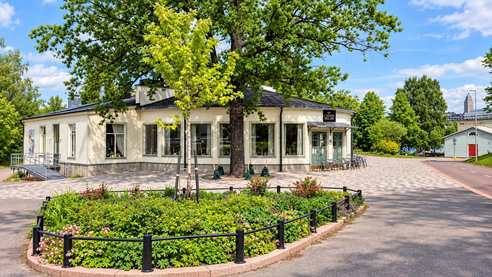 Cajsan Helmi historic café exterior in Kaisaniemi, Helsinki